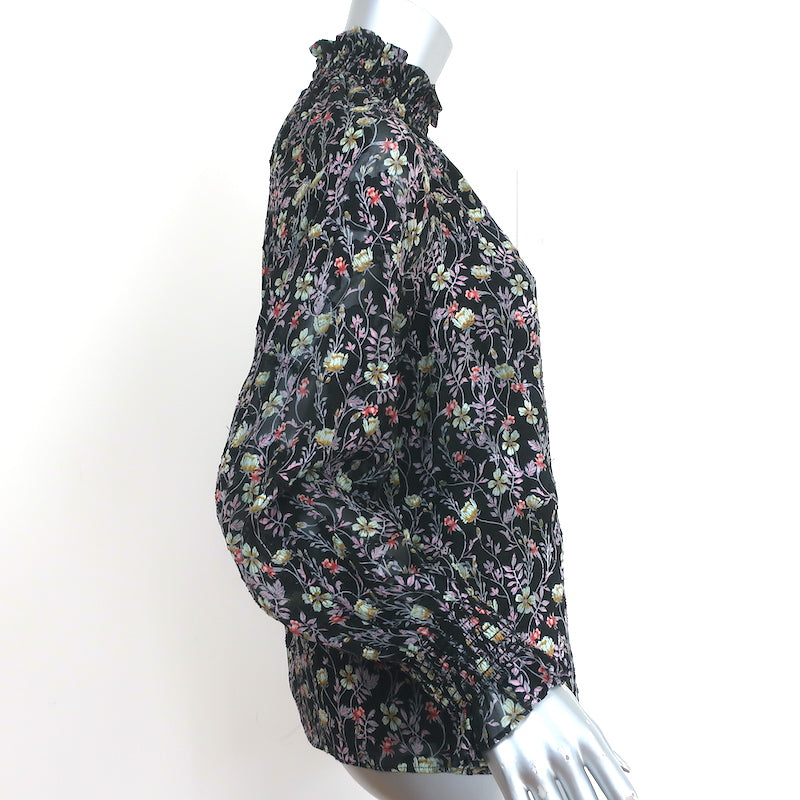 Rebecca Taylor High Neck Top Black Floral Print Size 2 Long Sleeve Blouse