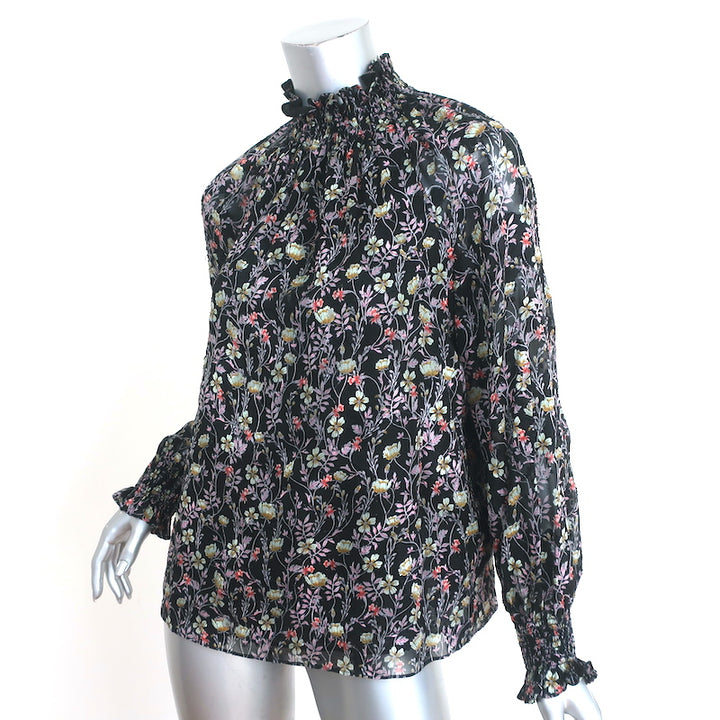 Rebecca Taylor High Neck Top Black Floral Print Size 2 Long Sleeve Blouse