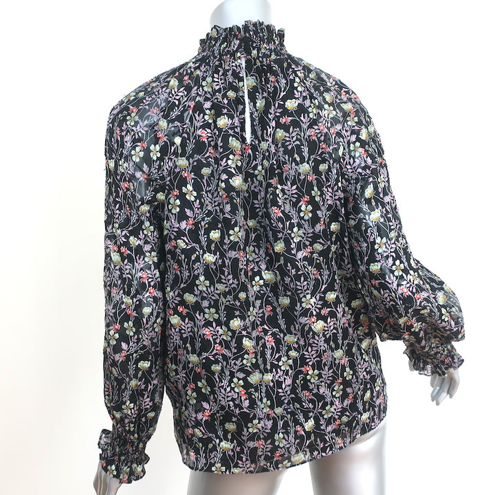 Rebecca Taylor High Neck Top Black Floral Print Size 2 Long Sleeve Blouse