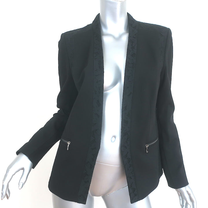 Rebecca Taylor Blazer Black Lace-Trim Twill Size 8 Open Front Jacket