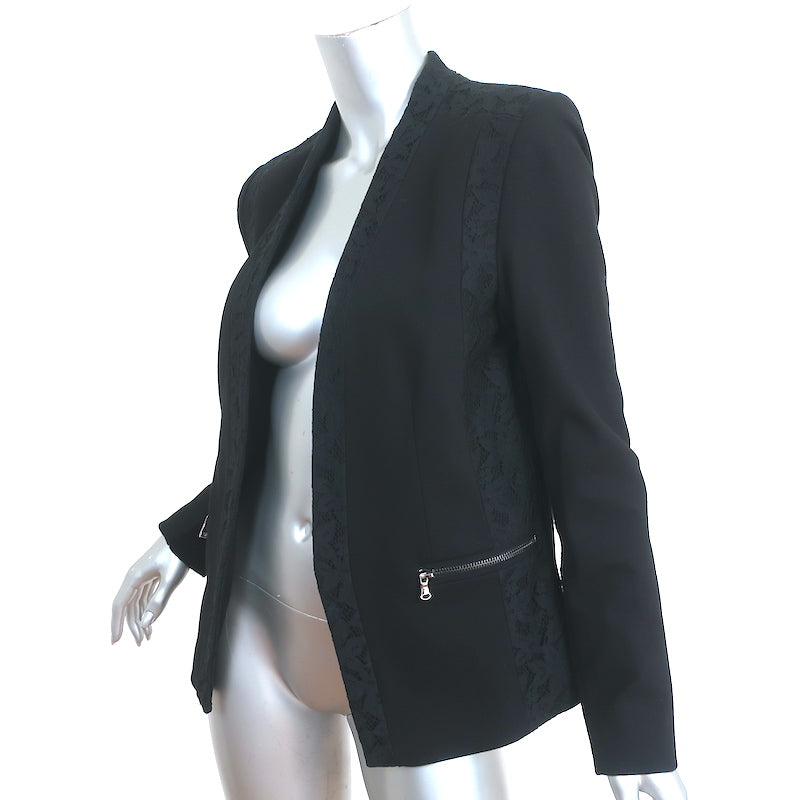 Rebecca Taylor Blazer Black Lace-Trim Twill Size 8 Open Front Jacket