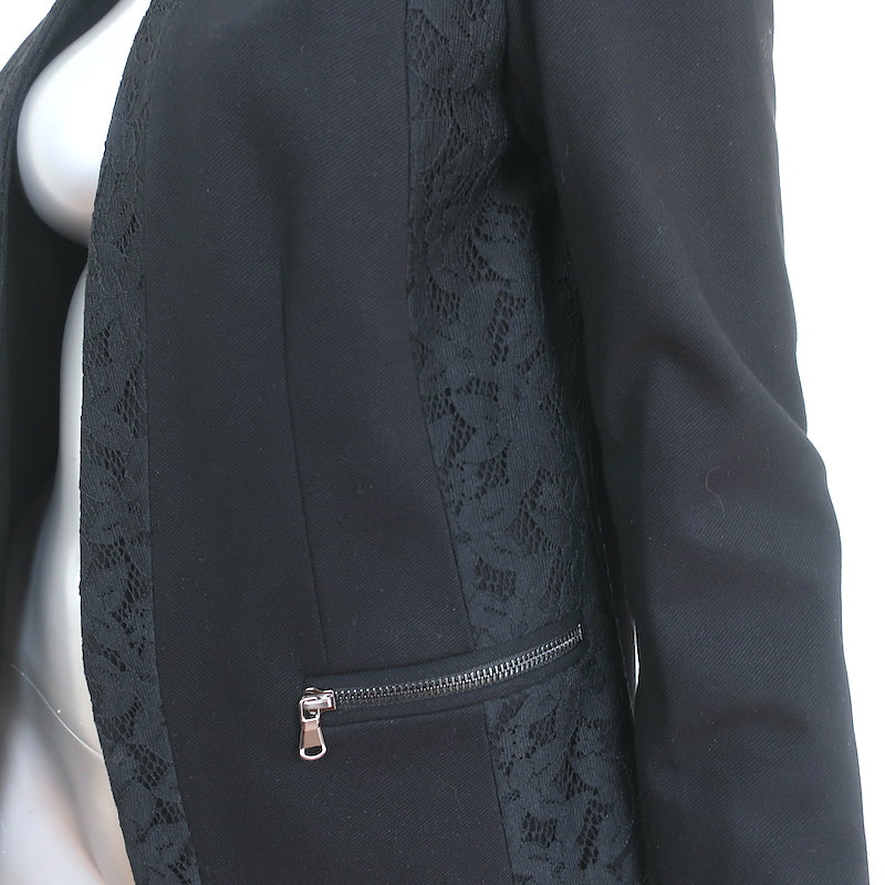 Rebecca Taylor Blazer Black Lace-Trim Twill Size 8 Open Front Jacket