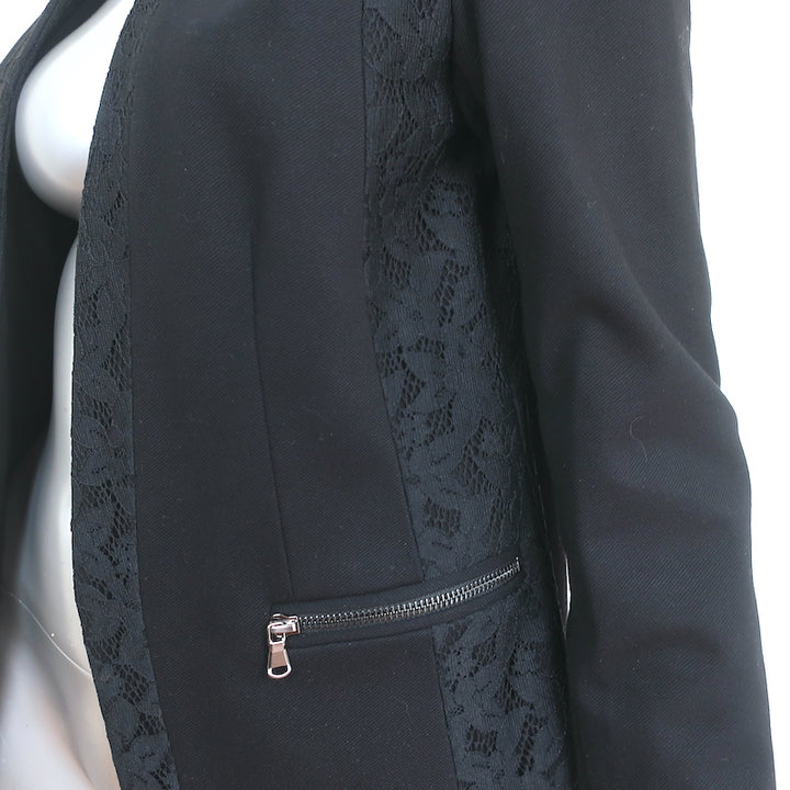 Rebecca Taylor Blazer Black Lace-Trim Twill Size 8 Open Front Jacket