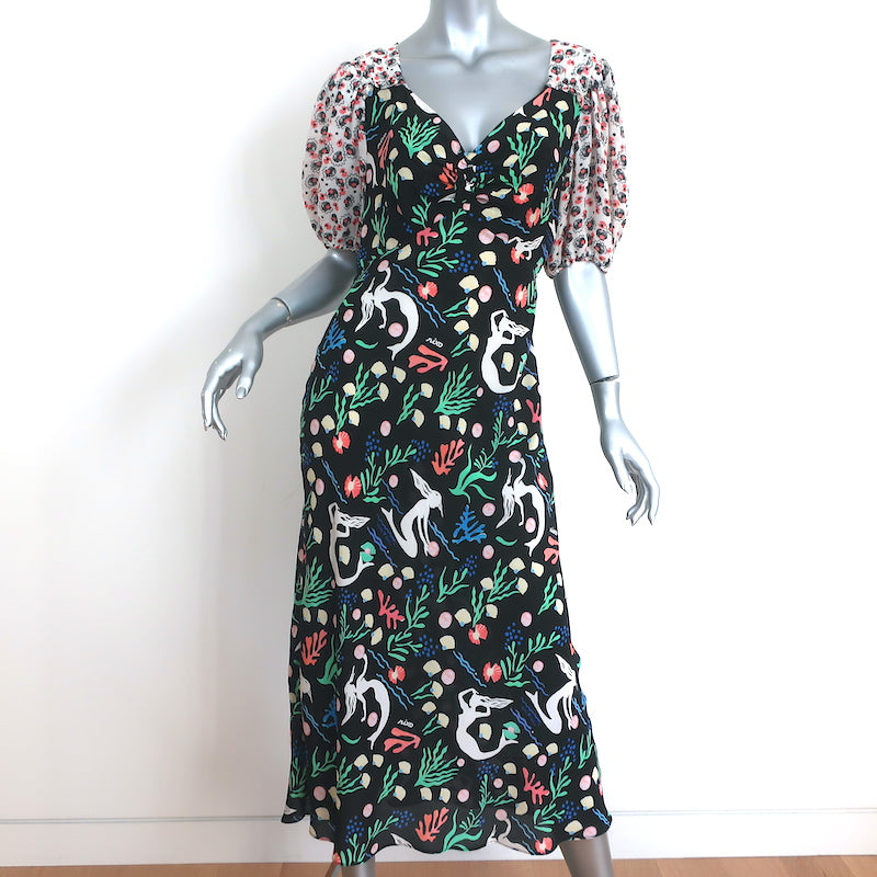 RIXO Cressida Midi Dress Black Mermaid Print Silk Size Small Short Sle Celebrity Owned RIXO Cressida Midi Dress Black Mermaid Print Silk Size Small Short Sle Celebrity Owned