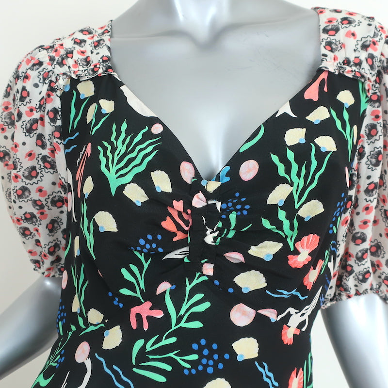 RIXO Cressida Midi Dress Black Mermaid Print Silk Size Small Short Sleeve