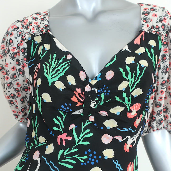 RIXO Cressida Midi Dress Black Mermaid Print Silk Size Small Short Sleeve