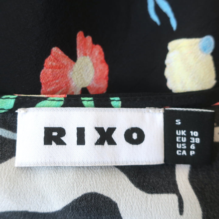 RIXO Cressida Midi Dress Black Mermaid Print Silk Size Small Short Sleeve