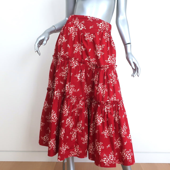 SEA Tiered Midi Skirt Alessia Red Floral Print Cotton Size Medium