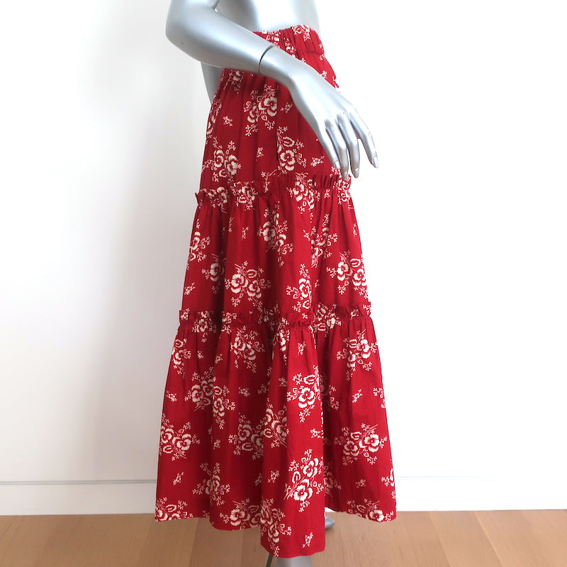 SEA Tiered Midi Skirt Alessia Red Floral Print Cotton Size Medium