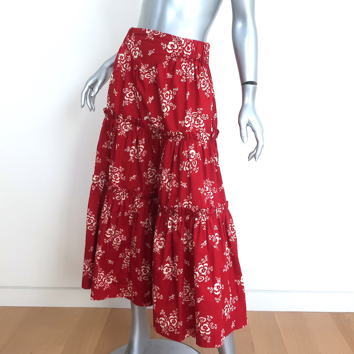 SEA Tiered Midi Skirt Alessia Red Floral Print Cotton Size Medium