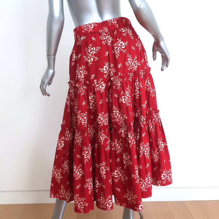 SEA Tiered Midi Skirt Alessia Red Floral Print Cotton Size Medium