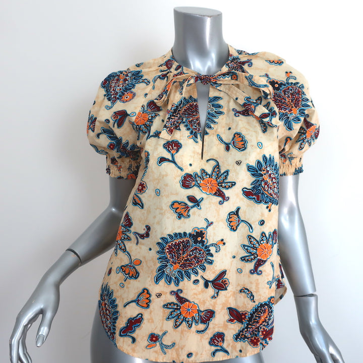 A.L.C. Puff Sleeve Top Ellis Yellow Floral Print Cotton Size 2 Tie-Neck Blouse