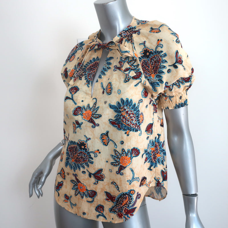 A.L.C. Puff Sleeve Top Ellis Yellow Floral Print Cotton Size 2 Tie-Neck Blouse