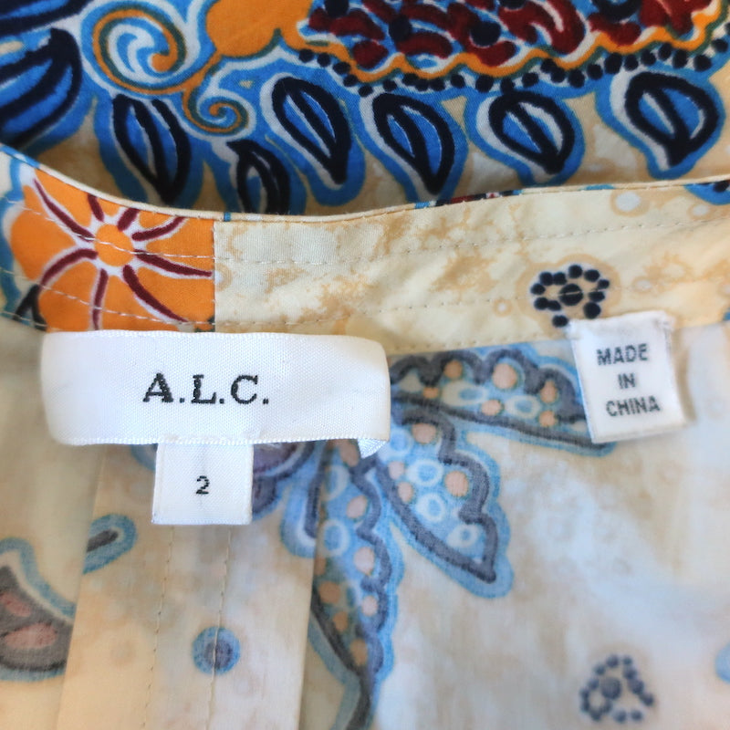 A.L.C. Puff Sleeve Top Ellis Yellow Floral Print Cotton Size 2 Tie-Neck Blouse