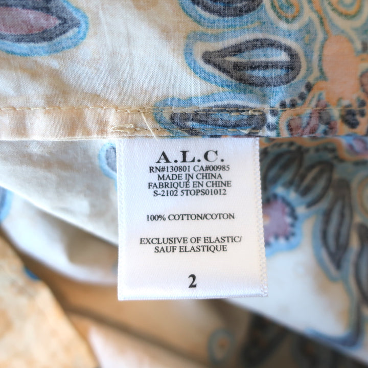 A.L.C. Puff Sleeve Top Ellis Yellow Floral Print Cotton Size 2 Tie-Neck Blouse