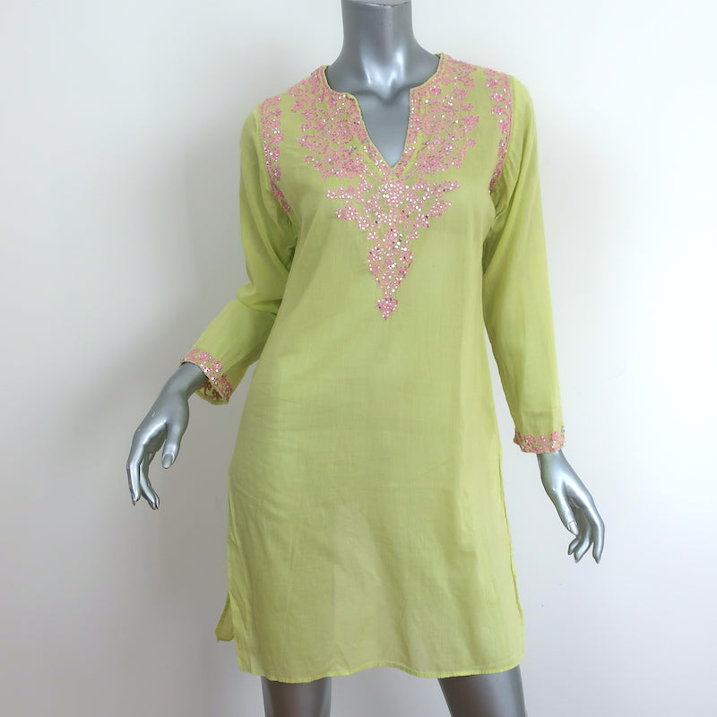Juliet Dunn Tunic Lime Embroidered Cotton Size 2 Long Sleeve Mini Dress Juliet Dunn Tunic Lime Embroidered Cotton Size 2 Long Sleeve Mini Dress