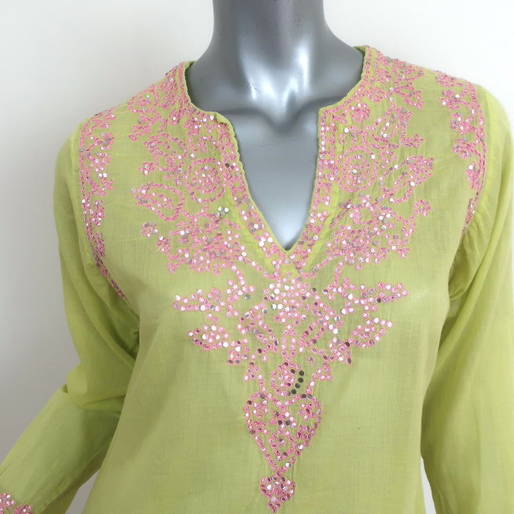 Juliet Dunn Tunic Lime Embroidered Cotton Size 2 Long Sleeve Mini Dress