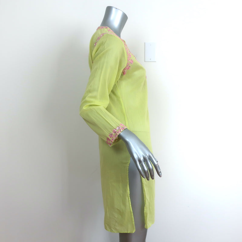 Juliet Dunn Tunic Lime Embroidered Cotton Size 2 Long Sleeve Mini Dress