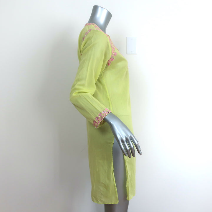 Juliet Dunn Tunic Lime Embroidered Cotton Size 2 Long Sleeve Mini Dress