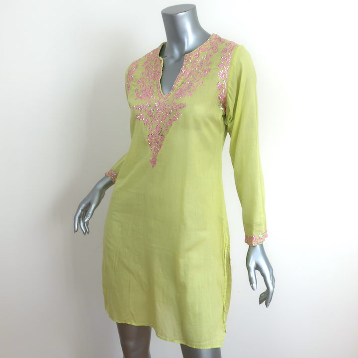 Juliet Dunn Tunic Lime Embroidered Cotton Size 2 Long Sleeve Mini Dress