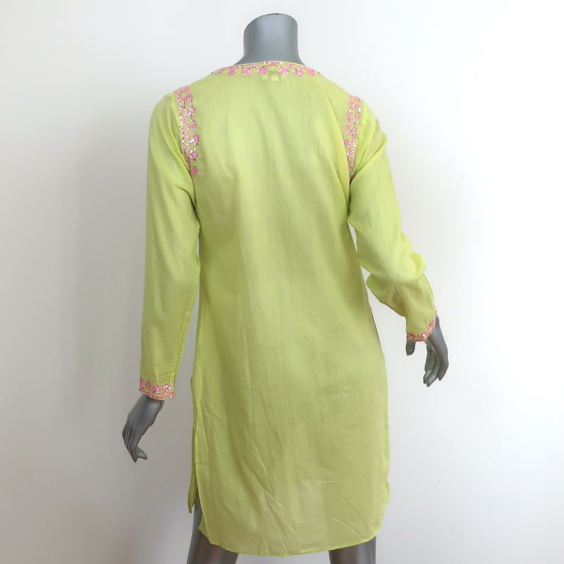 Juliet Dunn Tunic Lime Embroidered Cotton Size 2 Long Sleeve Mini Dress