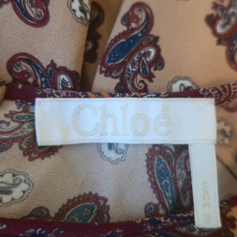 Chloe Blouse Beige Paisley Print Silk Crepe Size 36 Flutter Sleeve Top