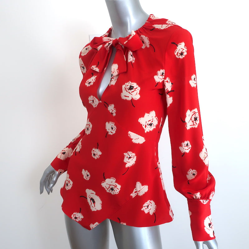 Derek Lam 10 Crosby Asymmetrical Blouse Red Floral Silk Size 2 Long Sleeve Top