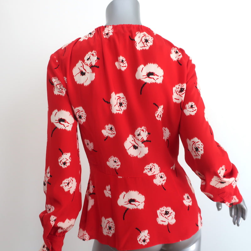 Derek Lam 10 Crosby Asymmetrical Blouse Red Floral Silk Size 2 Long Sleeve Top