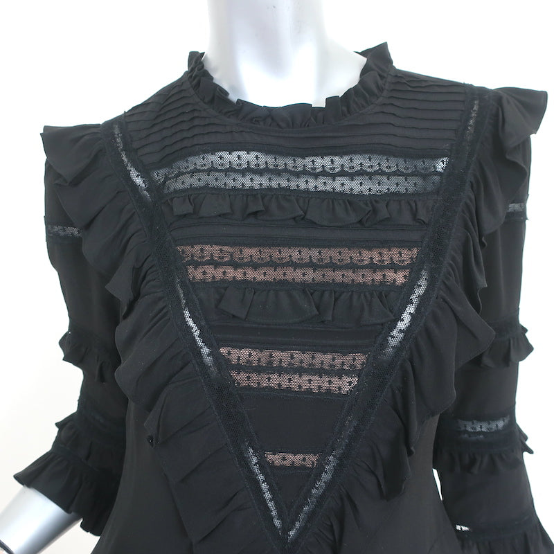 Rebecca Taylor Mini Dress Black Lace-Trim Ruffled Silk Size 6