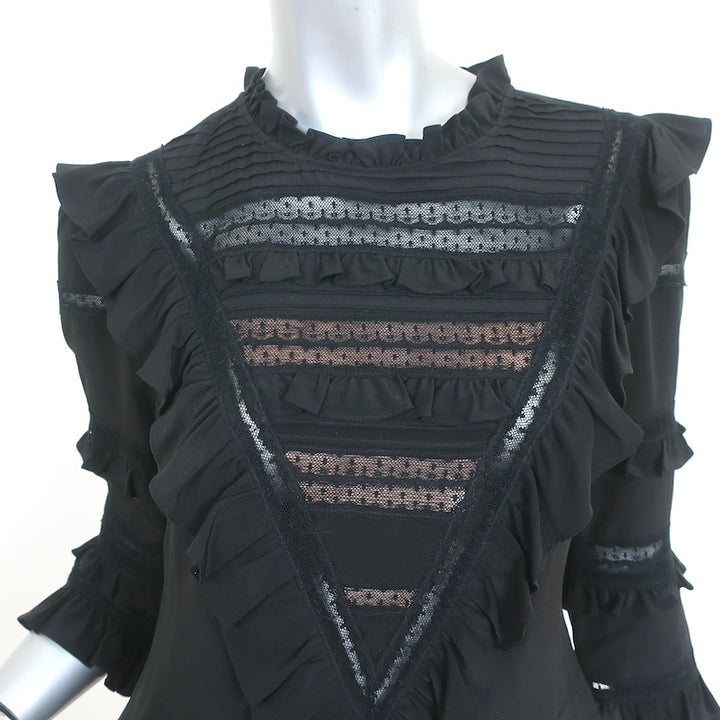 Rebecca Taylor Mini Dress Black Lace-Trim Ruffled Silk Size 6