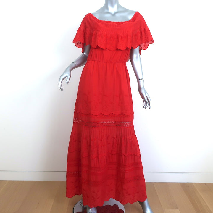 Alice + Olivia Off the Shoulder Maxi Dress Pansy Red Embroidered Cotton Size 8