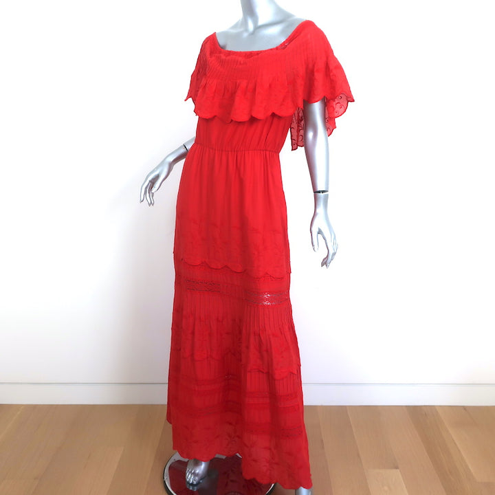 Alice + Olivia Off the Shoulder Maxi Dress Pansy Red Embroidered Cotton Size 8