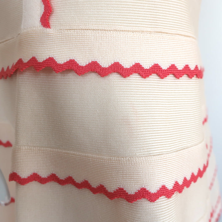 Herve Leger Scalloped A-Line Bandage Dress Ivory/Coral Size Small