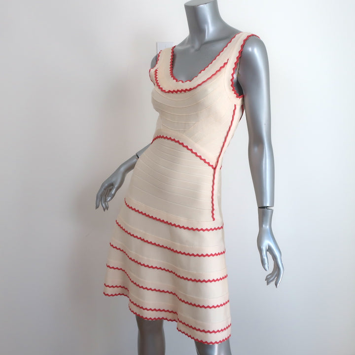 Herve Leger Scalloped A-Line Bandage Dress Ivory/Coral Size Small