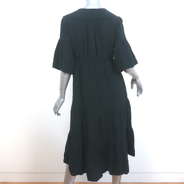 XIRENA Tiered Midi Dress Kendall Black Crinkled Gauze Size Extra Small