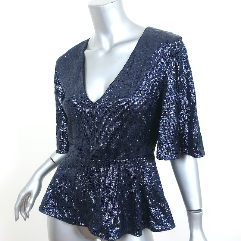 Rachel Zoe Clover Sequin Peplum Top Navy Size 4 Flutter Sleeve Blouse