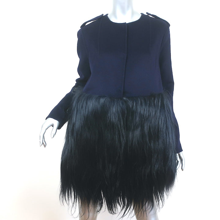 Barneys New York Goat Fur &amp; Wool Coat Navy Size Small NEW
