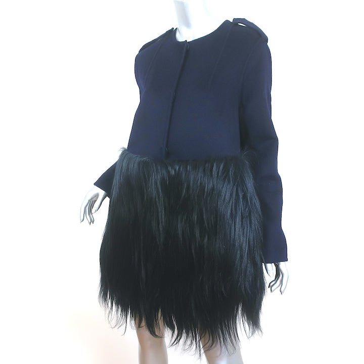 Barneys New York Goat Fur &amp; Wool Coat Navy Size Small NEW