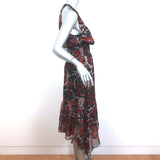 A.L.C. Midi Dress Bardot Black/Red Metallic-Striped Printed Chiffon Size 4
