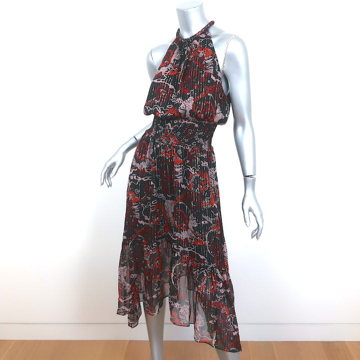 A.L.C. Midi Dress Bardot Black/Red Metallic-Striped Printed Chiffon Size 4