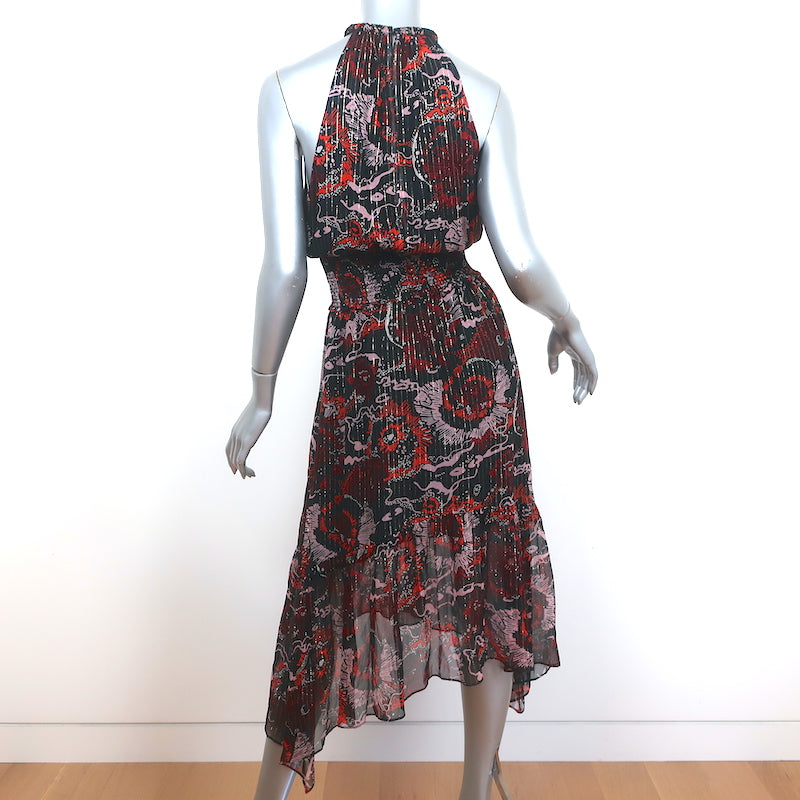 A.L.C. Midi Dress Bardot Black/Red Metallic-Striped Printed Chiffon Size 4