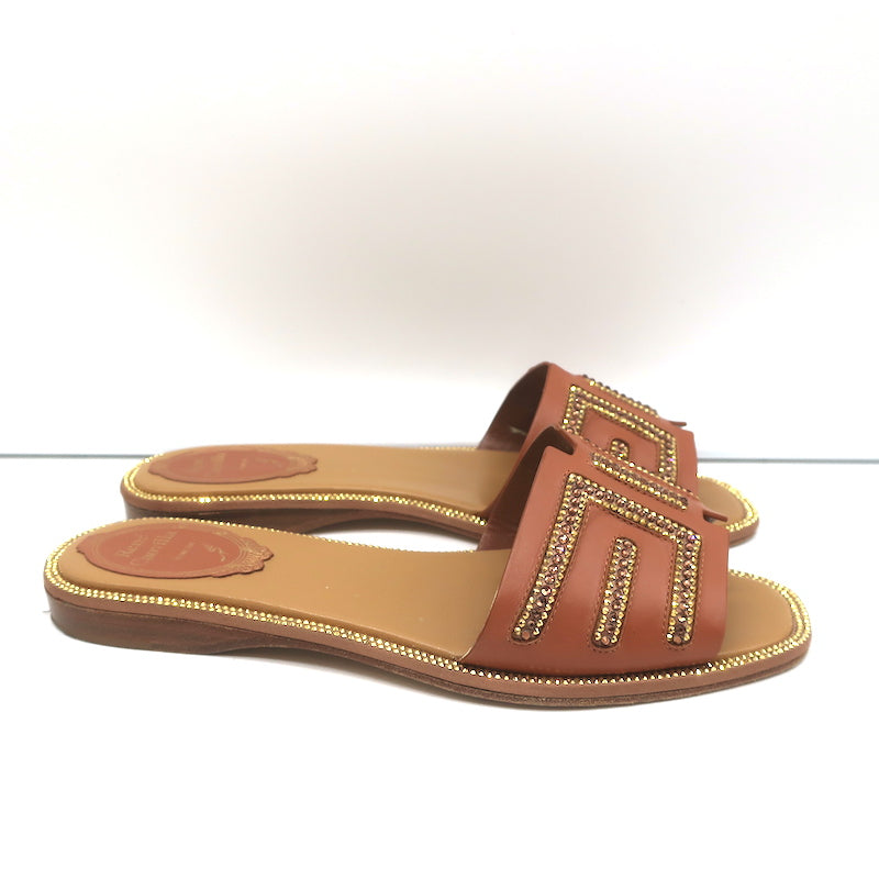 Rene Caovilla Crystal-Embellished Slide Sandals Deena Brown Leather Size 36
