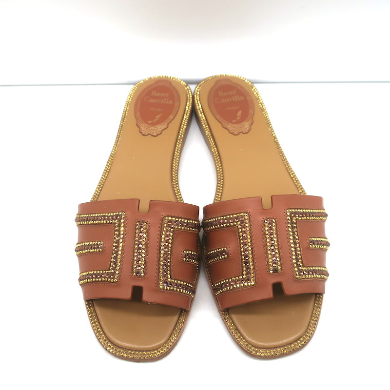 Rene Caovilla Crystal-Embellished Slide Sandals Deena Brown Leather Size 36