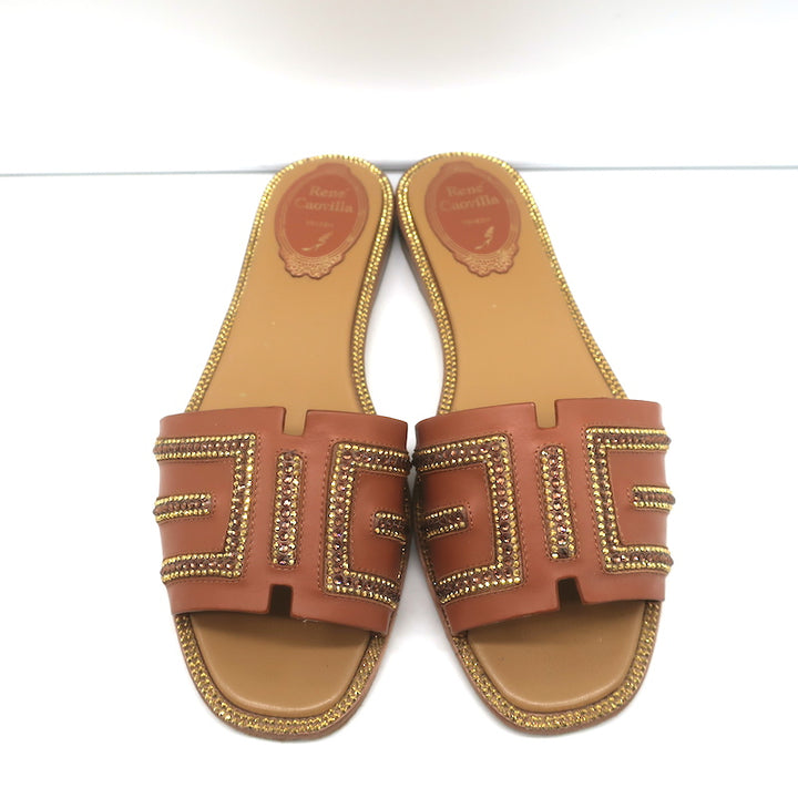 Rene Caovilla Crystal-Embellished Slide Sandals Deena Brown Leather Size 36