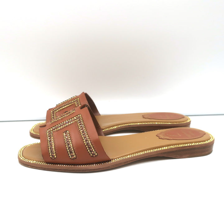 Rene Caovilla Crystal-Embellished Slide Sandals Deena Brown Leather Size 36