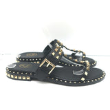 ASH Prince Studded T-Strap Sandals Black Leather Size 37 Flat Slides