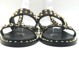 ASH Prince Studded T-Strap Sandals Black Leather Size 37 Flat Slides