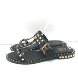 ASH Prince Studded T-Strap Sandals Black Leather Size 37 Flat Slides