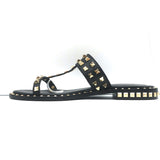 ASH Prince Studded T-Strap Sandals Black Leather Size 37 Flat Slides