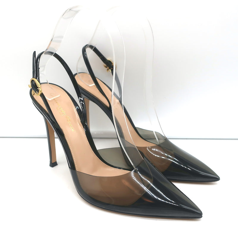 Gianvito Rossi Ribbon d'Orsay Plexi Slingback Pumps Black Patent Leather Size 37